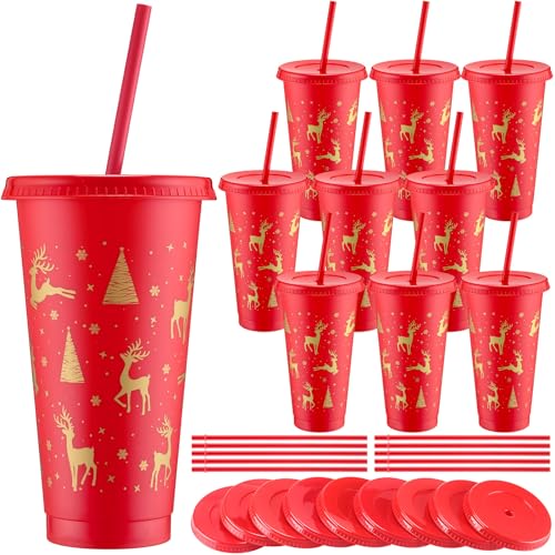Sliner 10pcs Red & Gold Christmas Plastic Cups with Lid & Straw 24oz