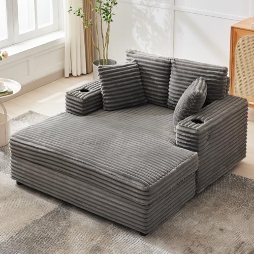 60-Inch Oversized Corduroy Chaise Lounge Chair with Charging Station & Cup Holders