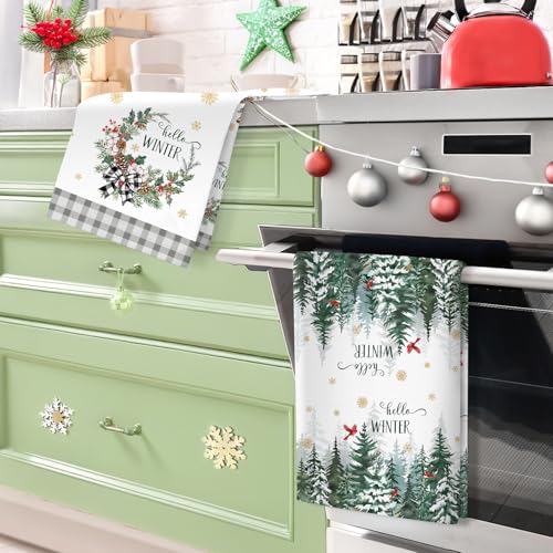 Winter Woodland Deer Tea Towels Set of 4 - 100% Cotton Kitchen Hand Towels, Arquiel