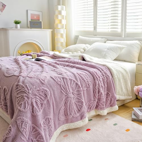 UKELER 80x90 Inch Sherpa Blanket Butterfly Coral Fleece Throw, Ultra Soft Plush Purple