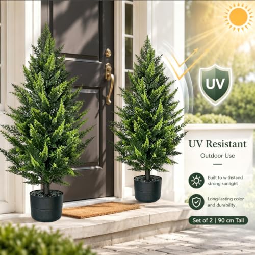 THKFUL 3ft Artificial Cedar Trees, 2 Pack in Pots, UV-Resistant Faux Cypress Topiary for Front Porch