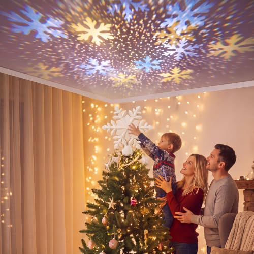 Seenelling Cream Velvet Christmas Tree Topper with LED Snowflake Projection - White