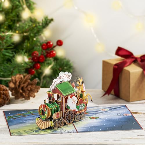 POPWOW Christmas Train Pop Up Card - Santa Reindeer 3D Xmas Greeting Card with Envelope & Note - 5x7