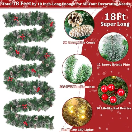 Camlinbo 18 Ft Prelit Snowy Pine Garland with Remote, 100 Warm White & Multicolor LEDs, 8 Modes, Timer, 352 Tips