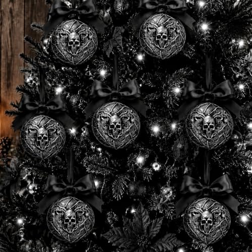 Halloween Skull Tree Ornaments - 12 Pack Black Gothic Christmas Decor