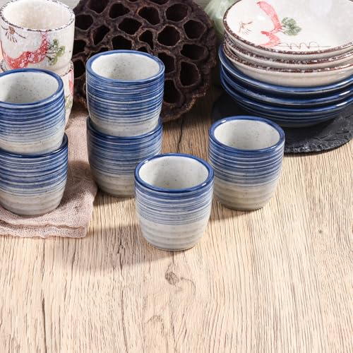 Japanese Porcelain Sake Cup Set of 4 - Blue & White Striped Tasting Cups, Traditional Ceramic Drinkware