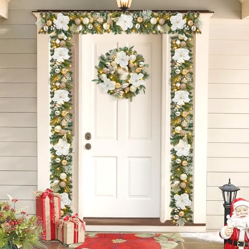 Garvee 24in White Gold Pre-Lit Christmas Wreath - 20 LED Lights, Battery Timer, Magnolia Flowers