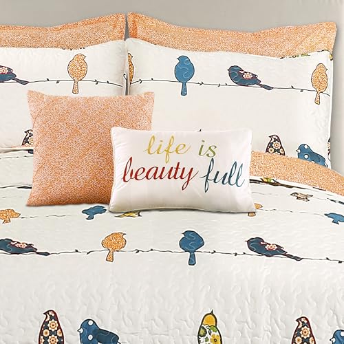 Reversible Floral Bird Quilt Set - 7-Piece Full/Queen Bedding Set with Pillows