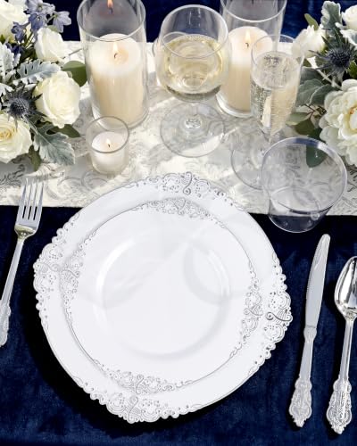 Hioasis 100 Pack White Silver Disposable Plastic Plates 10.25 Inch - Elegant Dinnerware for Parties & Events