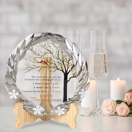 25th Wedding Anniversary Crystal Plaque with Gold Leaf Wreath Stand