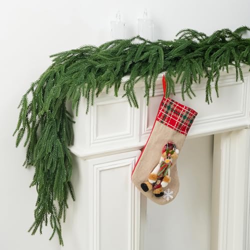 Trytuny 2Pcs 6ft Christmas Norfolk Pine Garland with Pine Cones & Red Berries, Real-Touch LED Christmas Greenery for Indoor/Outdoor