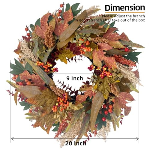 20-Inch Artificial Fall Wreath with Maple Leaves and Berries for Front Door