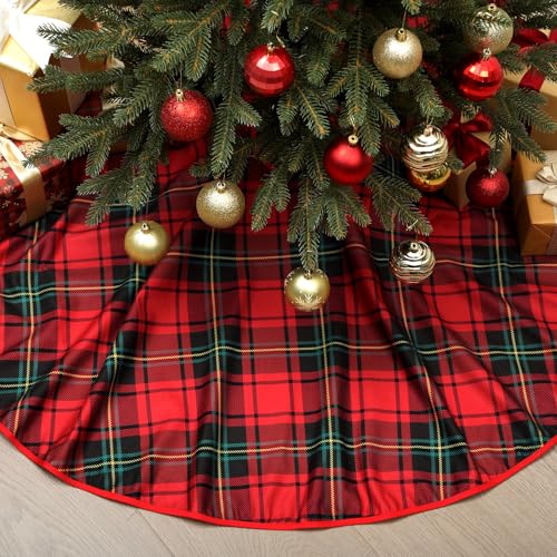 Poen 48in Red & Green Tartan Christmas Tree Skirt - with 3 Ties