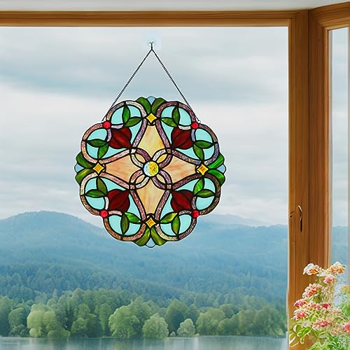 12-Inch Vintage Floral Stained Glass Round Panel Suncatcher