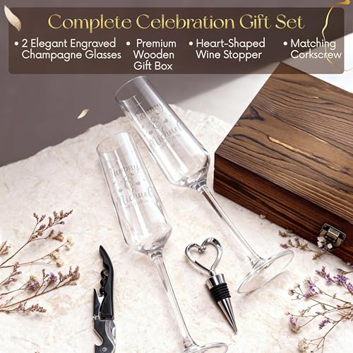 Personalized Champagne Flutes Set with Wooden Box - Engraved Names & Date, Wedding Gift