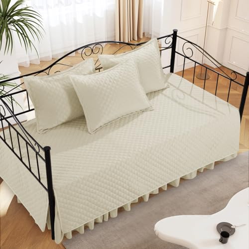 5-Piece Diamond Stitch Daybed Cover Set with Bedskirt & Shams - Beige