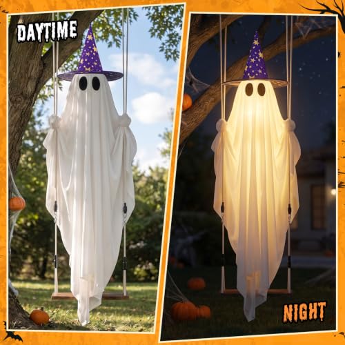 11 FT Light-Up Hanging Ghost Outdoor Halloween Decor with Swing & Bats