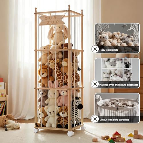 Wooden Stuffed Animal Storage with Wheels - Large Plush Toy Organizer