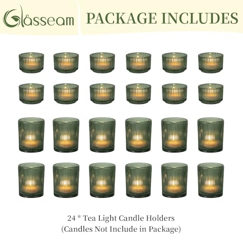 Dark Green Glass Tealight Candle Holders Set of 24 Ribbed Votive for Christmas