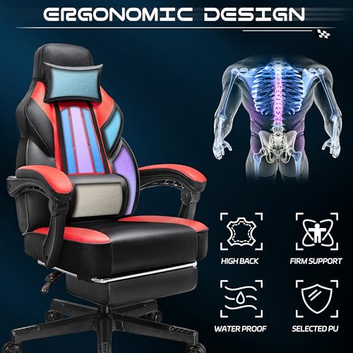 Ergonomic Gaming Chair with Footrest, Massage Lumbar Support & Recliner, Red