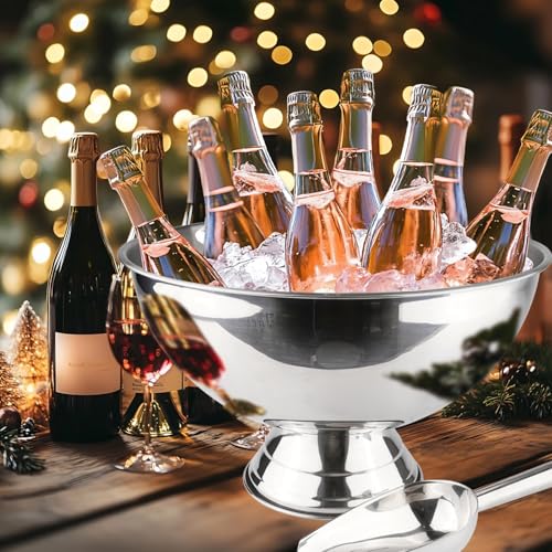 Mipau Silver 2-Pack Large 12L Ice Buckets with Scoops, Stainless Steel, Round, No Lid