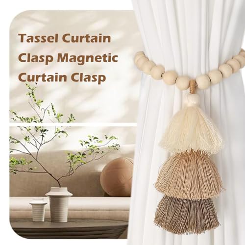 Handmade Boho Magnetic Curtain Tiebacks with Wood Beads, 2 Pack