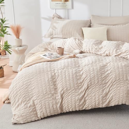 Beige Seersucker Queen Duvet Cover Set - 3-Piece Soft Microfiber Bedding