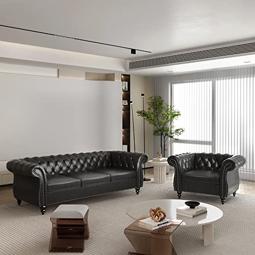2-Piece Chesterfield Leather Sofa and Chair Set with Nailhead Trim