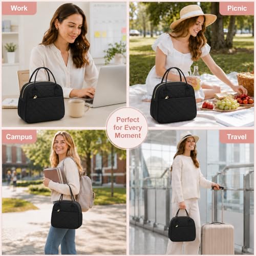Insulated Lunch Bag for Women - Leakproof Quilted Thermal Lunch Tote (Black)