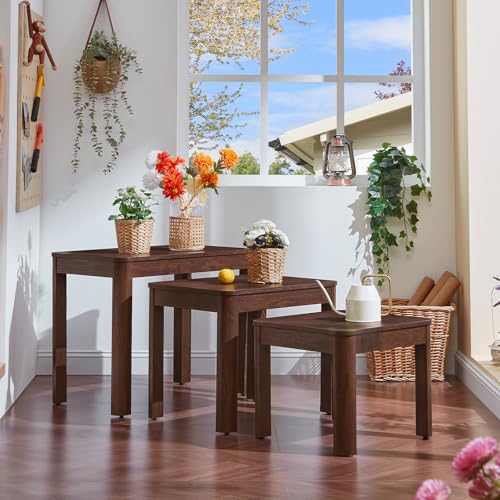 3-Piece Walnut Nesting Table Set, Rustic Farmhouse Side Tables
