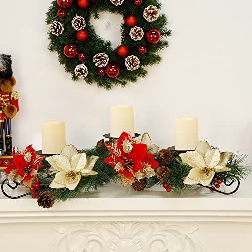 Christmas Poinsettia Candle Holder Centerpiece with 3 LED Candle Lights
