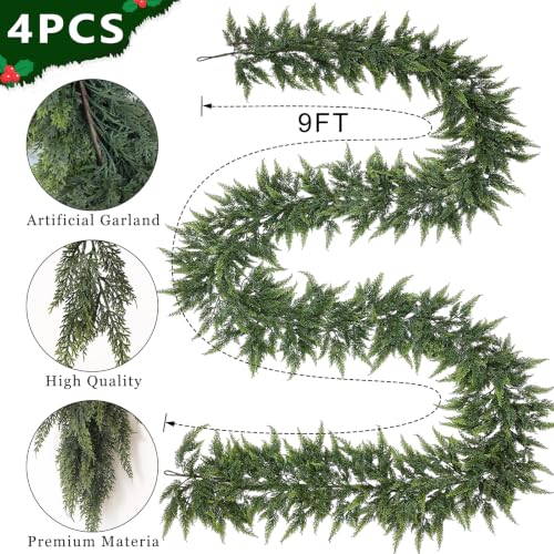 GLIDLION 4 Pack 9 ft Artificial Cedar Garland for Mantle Decor, Lifetime Lifelike Greenery