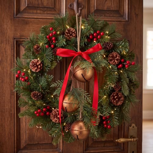 Antique Bronze 16-Inch Christmas Bell Set with Hanging Rope, Pack of 2