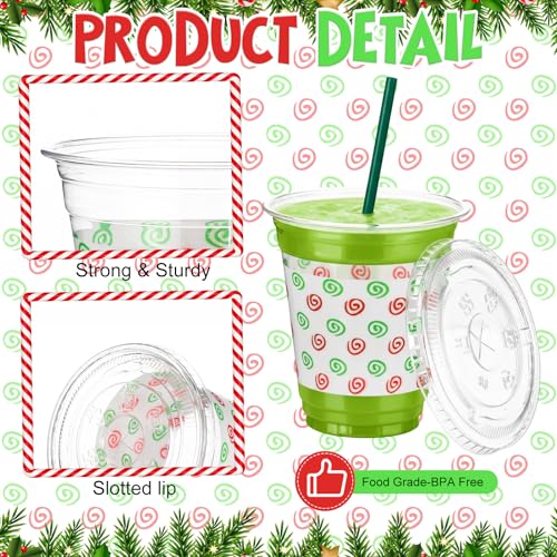 Christmas Plastic Cups with Lids and Straws 12oz Set - Lime Green & Red, Classic