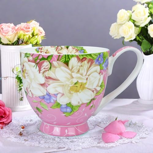 YUESITE 16oz Bone China Floral Mugs - Pink Magnolia, Large Coffee Tea Cup