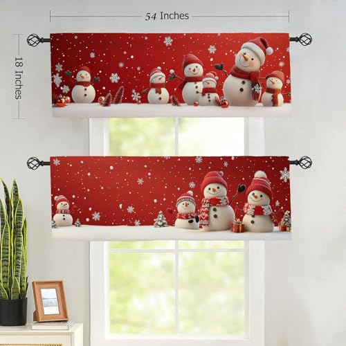 Christmas Kitchen Curtain Valances 2 Pack 54x18in, Cute Snowman Design, Red Window Decor