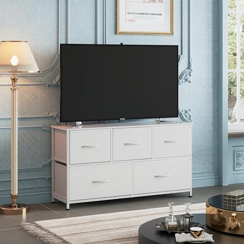 5-Drawer Wide Storage Dresser Chest with Fabric Bins & Wood Top - White