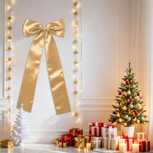 Gold Satin Christmas Tree Topper Bow 23.62x62.99in Holiday Decor Large Bow