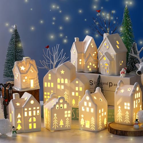26-Piece White Ceramic Christmas Village Set with Light Up LED Houses
