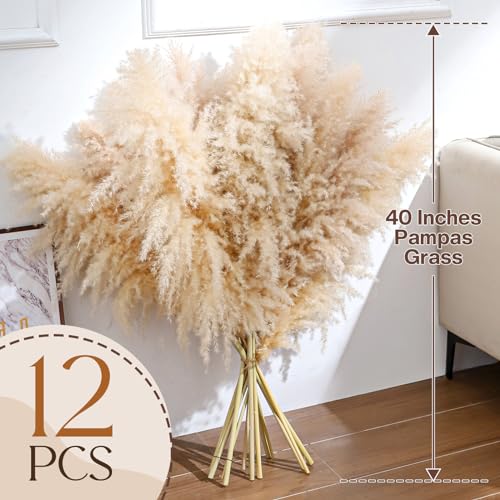 12pcs 40-Inch Dried Pampas Grass Bouquet - Natural Beige Boho Home Decor