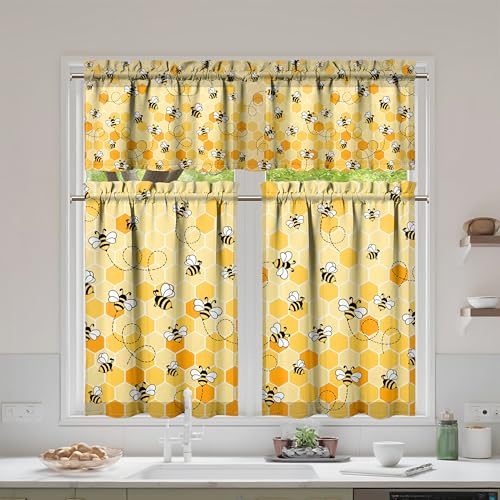 Bee Kitchen Curtains and Valances Set - 3pcs Light Filtering Drapes 27.5x36 inch