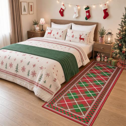 Terrug Christmas Red & Green Plaid 2' x 6' Runner Rug with Non-Slip Backing