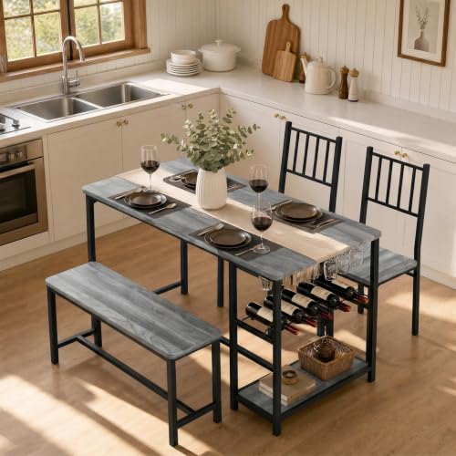 55-Inch Dining Table Set for 4 with Bench, Wine Rack & Storage Shelves