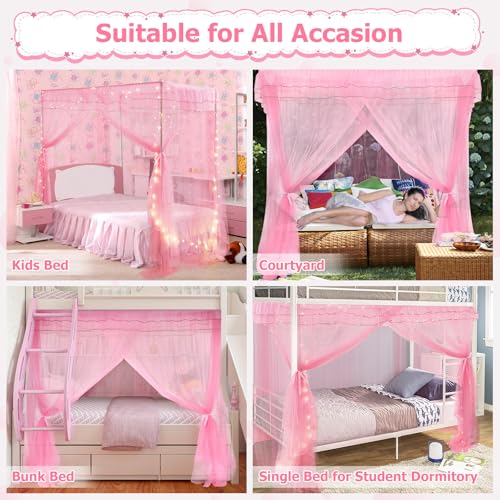 Twin Size Bed Canopy Curtains with Fairy Lights & Glow Stars - Pink