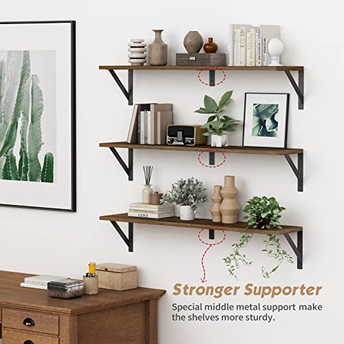 36-Inch Floating Wall Bookshelves, Set of 3 Rustic Wood Heavy-Duty Shelves