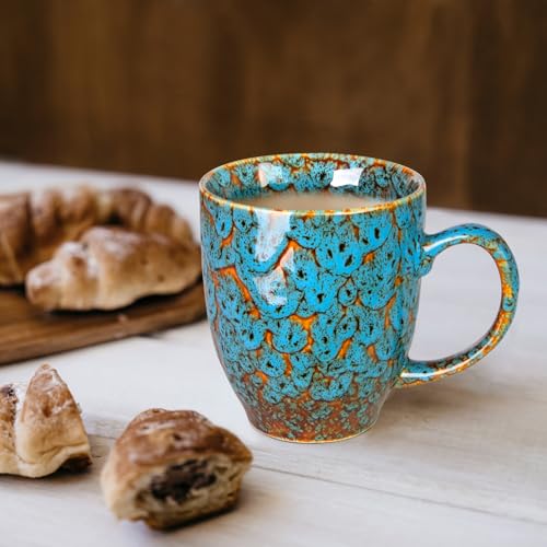 YINUOWEI 16 oz Ceramic Mug Set of 2 - Large Coffee Cups with Ergonomic Handles (Green & Blue, Blue)
