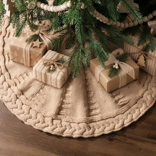 LimBridge Beige Knitted 36-Inch Christmas Tree Skirt with Cable Knit, Rustic Farmhouse