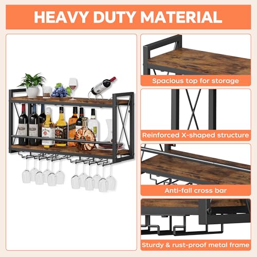 Wall Mounted Wine Rack with Glass Holder, Industrial Wood and Metal Shelf