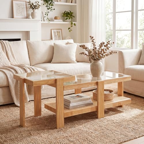2-Piece Nesting Coffee Table Set with Rattan Accents and Glass Top