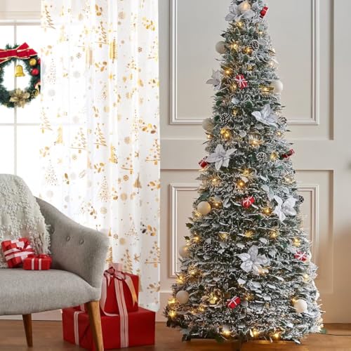 Karseteli Christmas Tree Gold Foil Curtains 2 Panels 52W x 63L White (Pack of 2) Rod Pocket